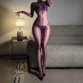 辣妹日记CL「幻纱」超薄极光黑丝连体衣女性感长袖 丝滑油亮紧身衣