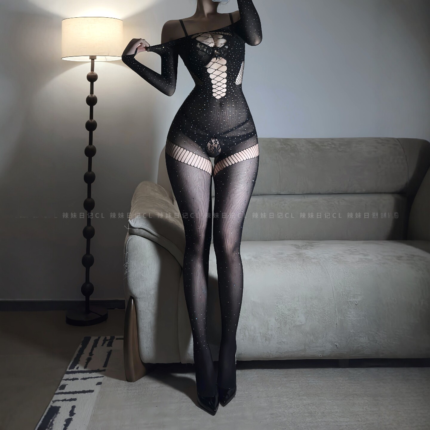 辣妹日记CL「星钻」紫色带钻渔网袜连体丝袜高级性感长袖紧身衣