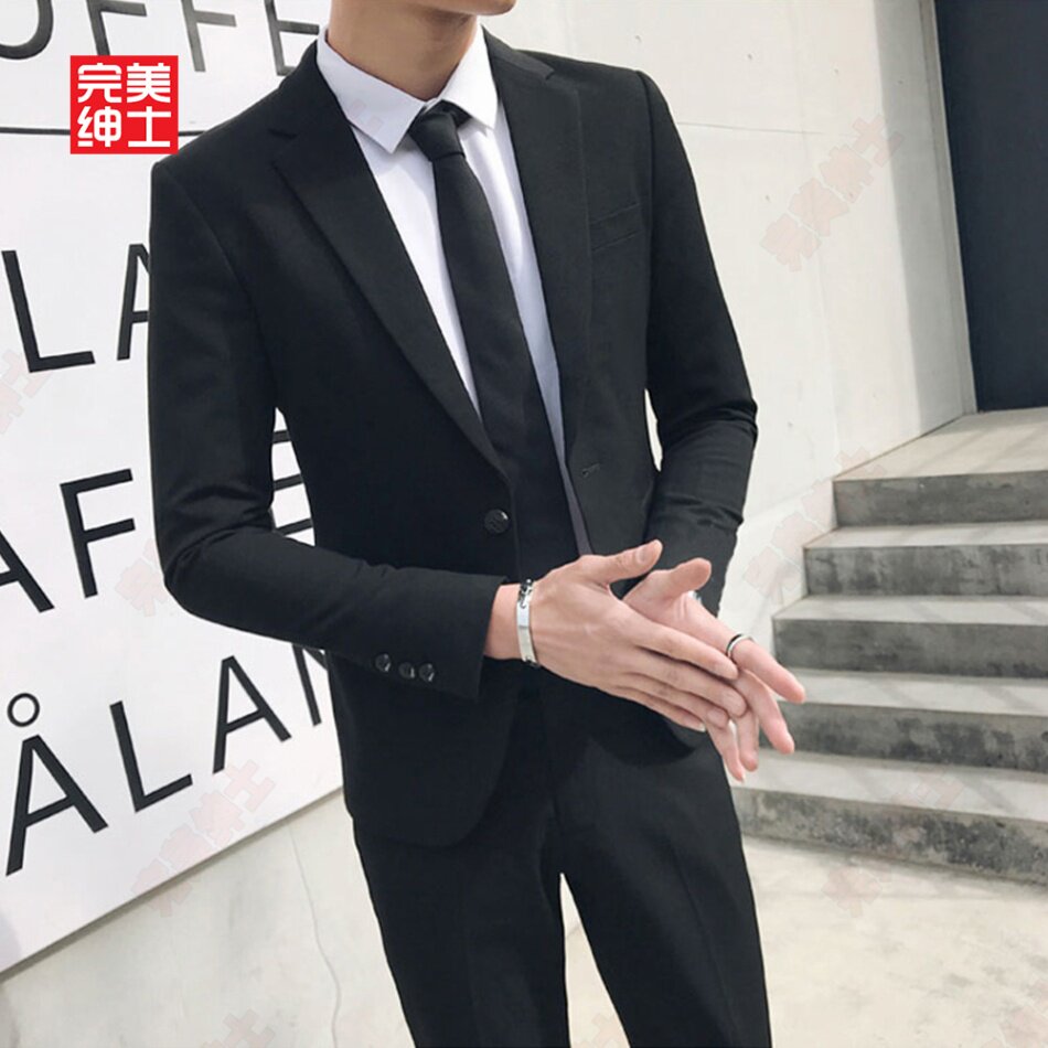 青少年高中生成人礼服西装男学生正装西服套装男修身外套黑色一套