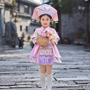 3月3节日盛装 吉量儿童舞蹈演出服装 女孩少数民族风女童粉紫色套装