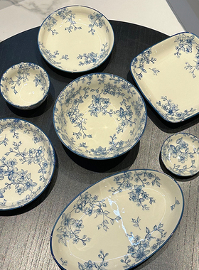 eno home创意花型韩式花卉线条陶瓷盘碗菜汤盘子炒饭盘碗碟套装