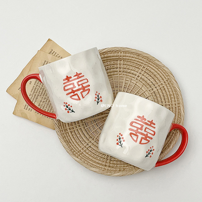 ENO home喜字婚庆陶瓷水杯伴手礼陶瓷情侣对杯套装结婚礼物杯子