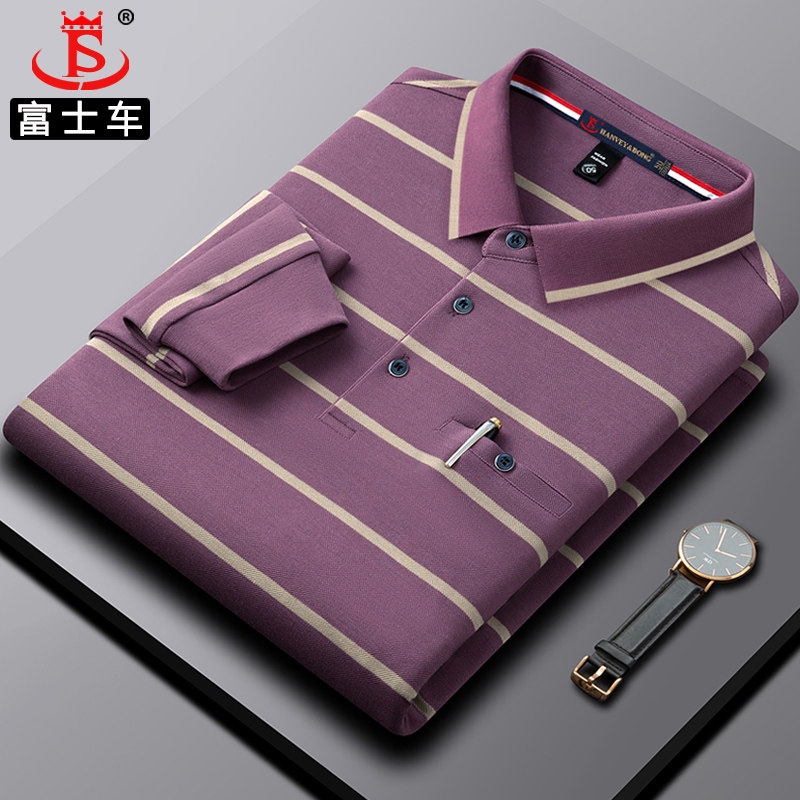 纯棉爸爸长袖t恤春秋款中年polo衫翻领真口袋中老年宽松男士上衣