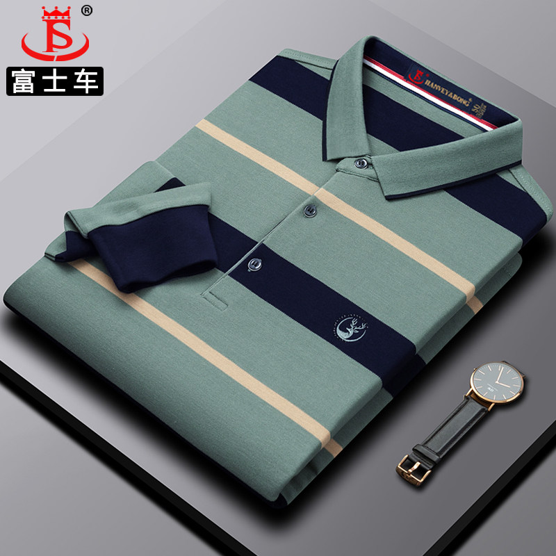 男士t恤长袖纯棉翻领中年男装上衣春秋季品牌条纹宽松爸爸polo衫