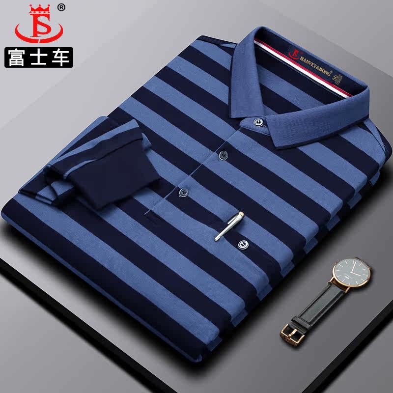 中年男士t恤长袖纯棉翻领40-50岁男装上衣高端条纹新款爸爸polo衫