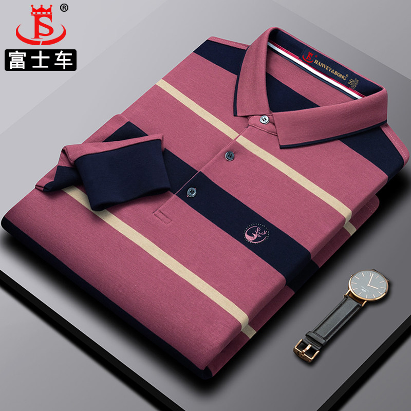 新款爸爸长袖t恤纯棉高档正品翻领Polo衫条纹中老年男款春秋上衣