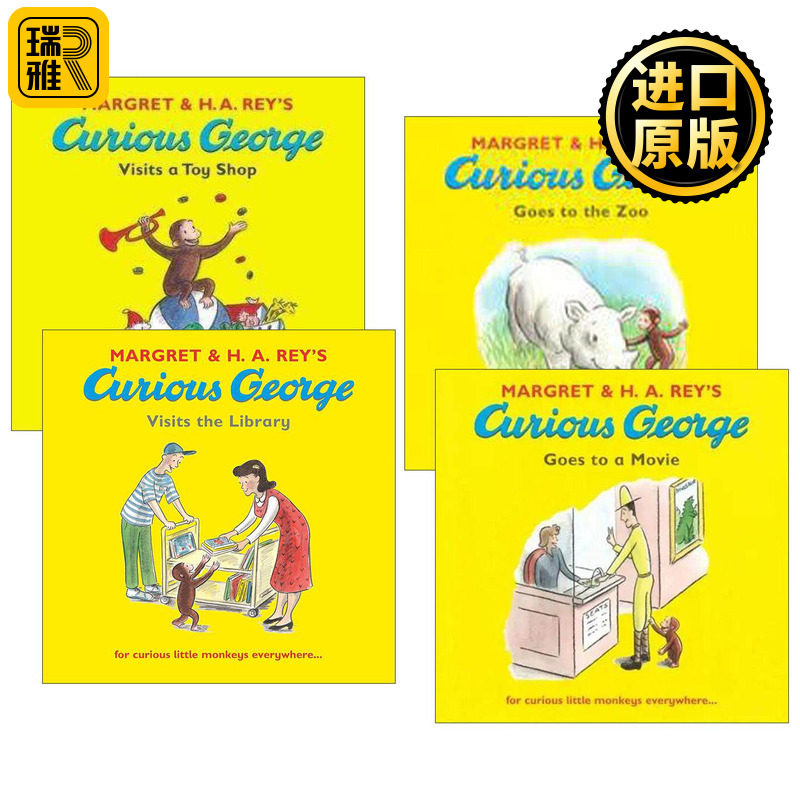 英文原版 Curious George 好奇猴乔治系列4册 儿童趣味图画故事绘本 去看电影/去动物园/去玩具店/参观图书馆 英文版 进口原版书籍