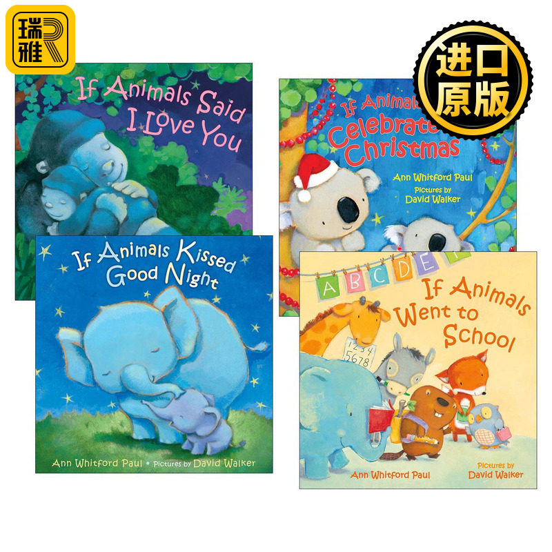 英文原版 If Animals 如果动物系列4册 如果动物去上学/庆祝圣诞节/说我爱你/亲吻说晚安 纸板书 英文版 进口英语原版书籍
