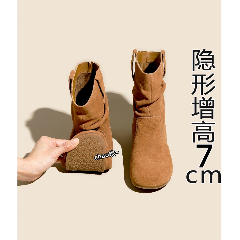 内增高勃肯短靴女2025秋冬新款百搭爆款加绒马丁靴显瘦褶皱堆堆靴