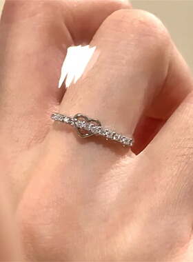 爆闪小爱心极细排钻银色戒指轻奢