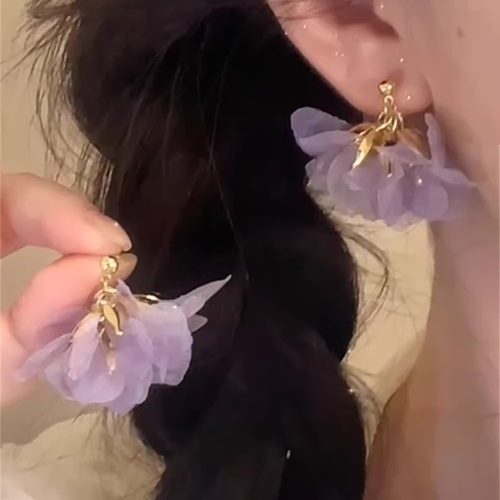 紫色欧根纱花瓣耳环小众设计耳坠
