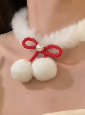圣诞节白色毛绒choker珍珠项链