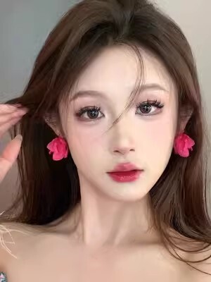 复古港风玫红网纱花瓣耳环撞色