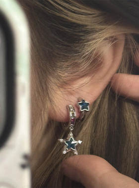 zoozmini蓝色星星耳扣锆石镶钻双耳洞吊坠甜酷风耳圈耳环Y2k耳饰