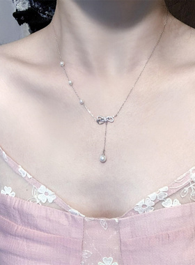 蝴蝶结珍珠吊坠项链新款轻奢小众