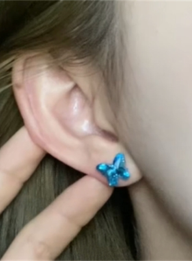 zoozmini炫彩蓝色蝴蝶锆石耳钉女轻奢小众气质高级感耳骨钉耳饰品
