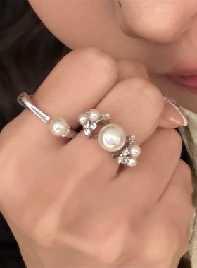 精致繁星锆石珍珠戒指开口可调节