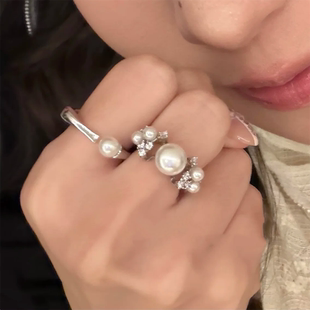 zoozmini精致繁星锆石珍珠戒指开口可调节高级感轻奢小众叠带指环
