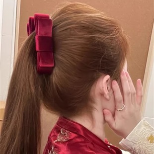 zoozmini红色丝绒蝴蝶结香蕉夹发夹女新年半扎发横夹顶夹发饰发卡