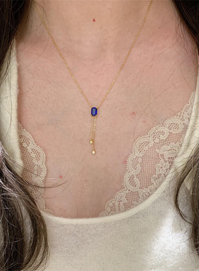 蓝色方糖流苏项链女清冷感显白