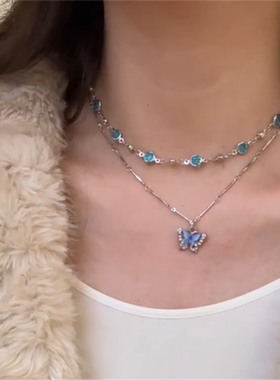 双层海蓝色蝴蝶吊坠项链甜酷叠戴