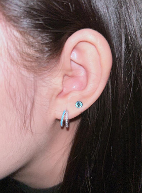 zoozmini蓝色双层锆石圆圈耳扣女高级感小众气质耳圈睡觉免摘耳饰