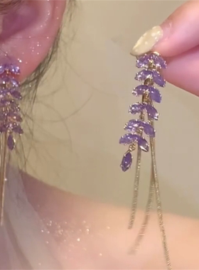 zoozmini紫色锆石麦穗前后款耳钉长款流苏耳饰方圆脸显瘦耳坠耳环