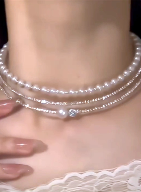 多层闪锆珍珠项圈千金感礼服颈链