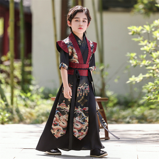 2025汉服男童夏装薄款短袖黑红古装儿童武侠风超帅国学服古风夏季