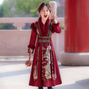 拜年服男童汉服冬装加绒加厚秋冬款中国风酒红色过年帅气儿童古装