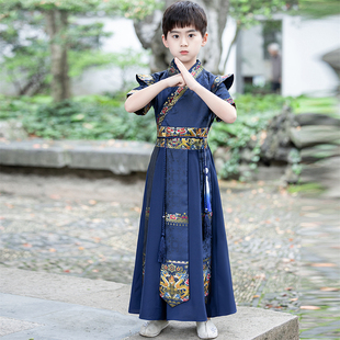 2026新款汉服男童夏季薄款短袖儿童古装帅气古风高端长款演出服夏