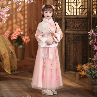 拜年服女童汉服秋冬款唐装加绒款旗袍中国风新年服冬季喇叭袖古装