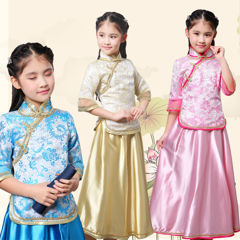 新款儿童古装民国学生装小凤仙古筝演出服汉服女童长裙合唱服班服