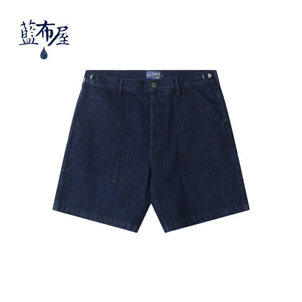 夏季12.5盎司美式复古水洗工装高腰宽松牛仔五分短裤 蓝布屋P41J