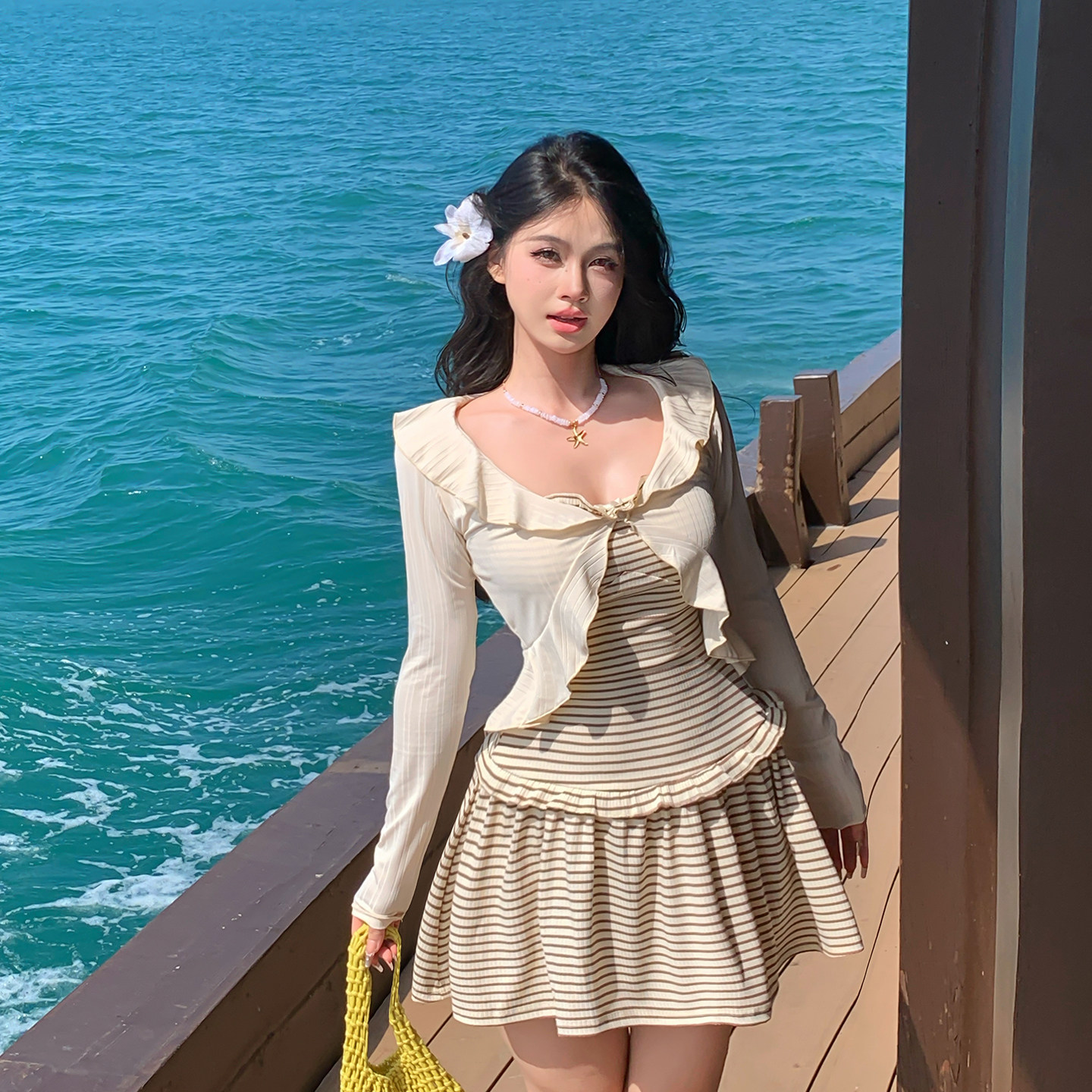 长袖泳衣女款分体平角三件套罩衫性感大码遮肉高级感2026新款温泉