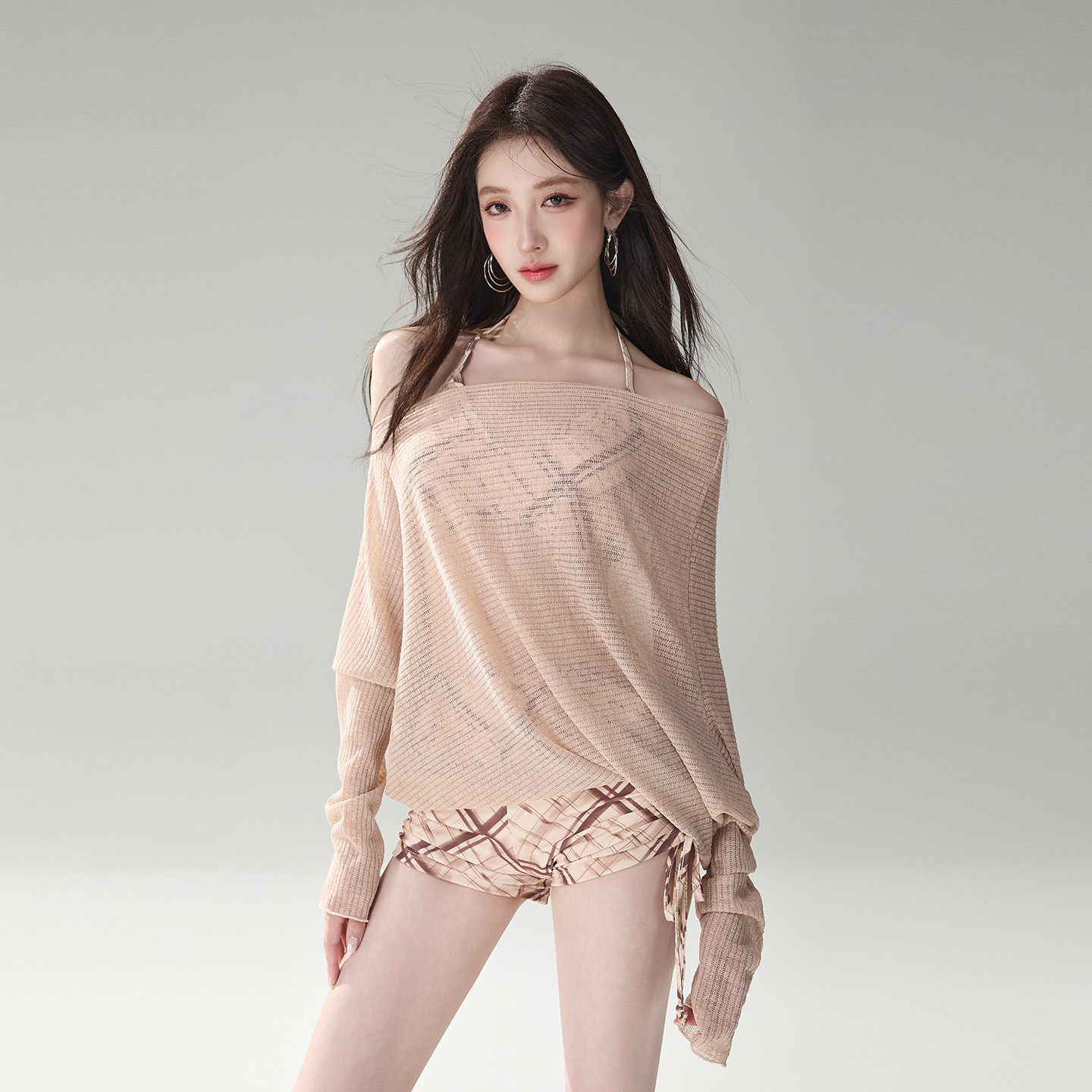 泳衣女成人分体平角比基尼三件套长袖罩衫度假风性感纯欲海边温泉