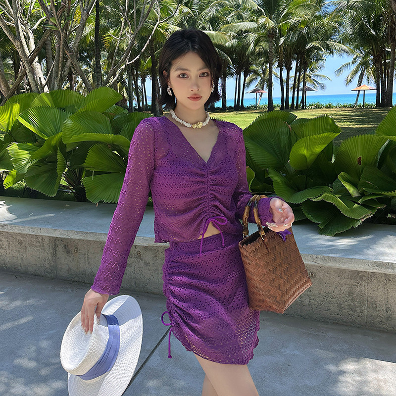 泳衣女纯色分体比基尼四件套长袖罩衫性感大码微胖遮肉高级感泳装