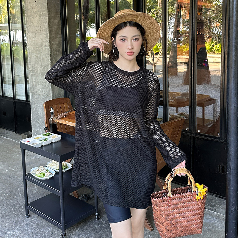 泳衣女纯色分体保守五分裤三件套长袖罩衫大码微胖遮肉高级感泳装