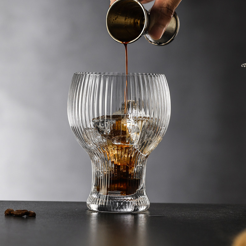 竖纹冰美式拿铁咖啡杯玻璃杯咖啡厅特调水杯牛奶杯饮料杯果汁杯子