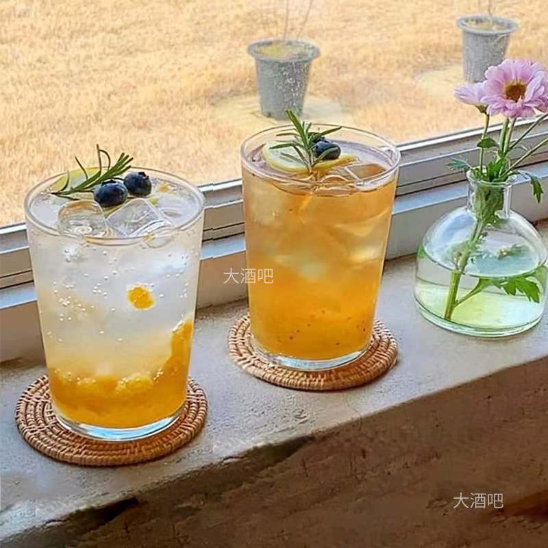 韩式ins风简约宽口玻璃杯 透明牛奶杯水果茶杯果汁饮料杯咖啡杯子