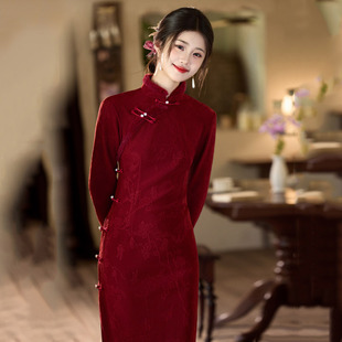 红色冬装加绒加厚国风中式长款长袖旗袍2026新款女复古收腰
