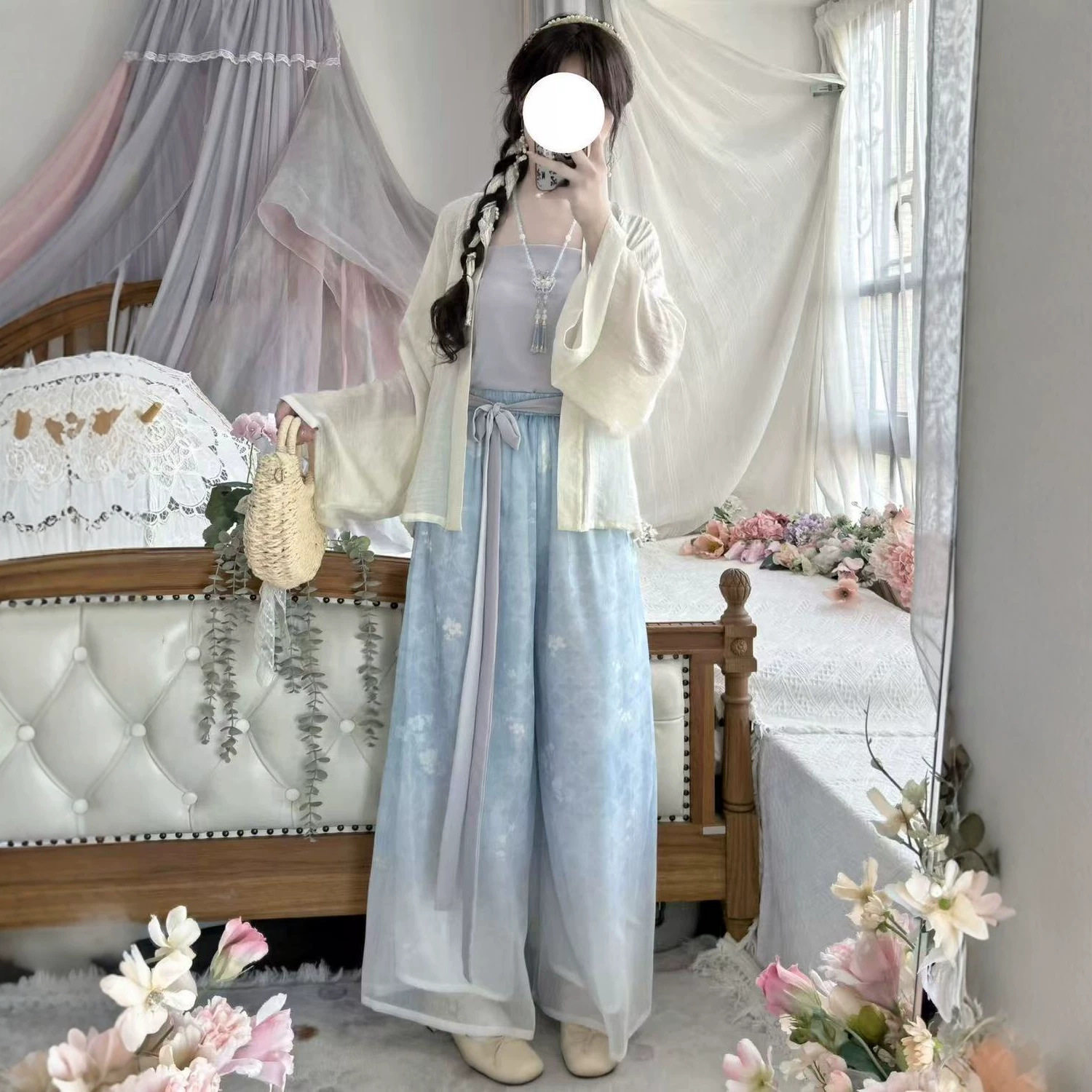 原创汉服宋制女2026新款改良短衫阔腿裤印花宋裤吊带国风元素套装