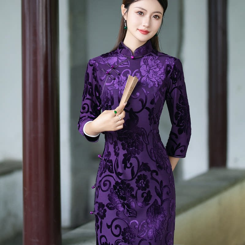 靓依铺2026春秋季长款七分袖植绒旗袍改良复古中国风年轻女士民国