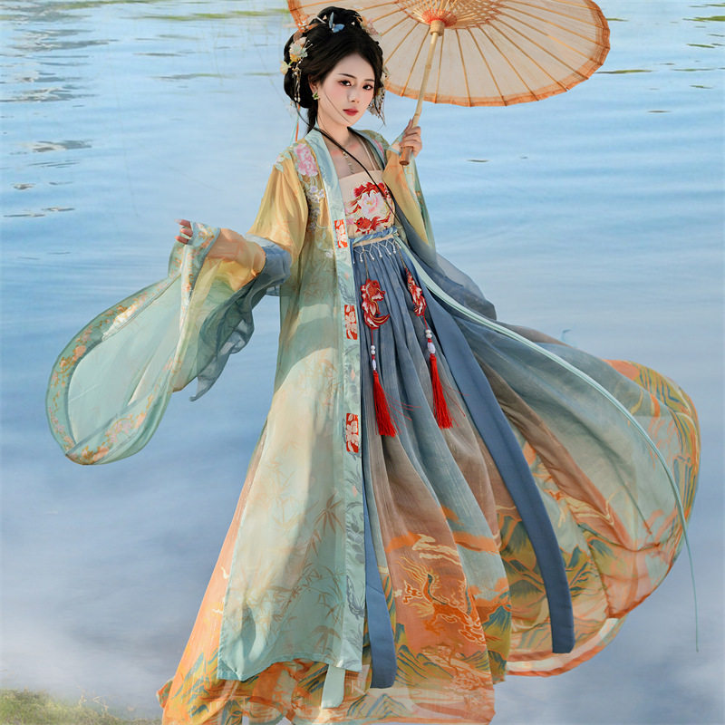 原创汉服女诃子裙唐制齐胸一片式襦裙刺绣大袖衫中国风春夏季套装