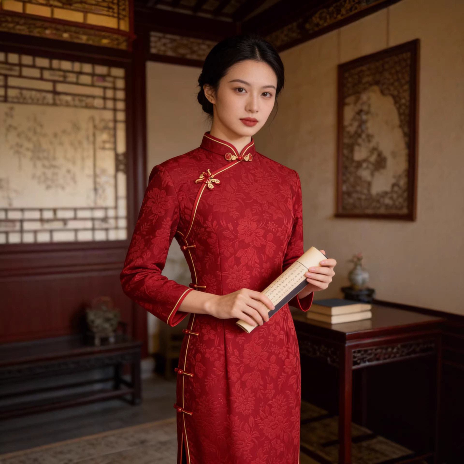 靓依铺2026长袖春夏季新款红装喜婆婆旗袍长款复古改良旗袍裙