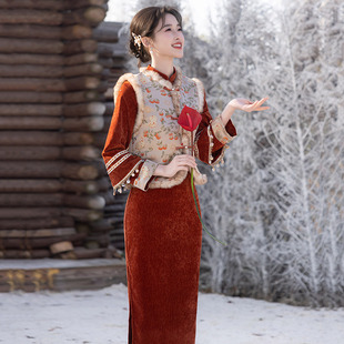 冬款加厚长款改良长袖旗袍马甲两件套装2026新款女复古拜年服冬季