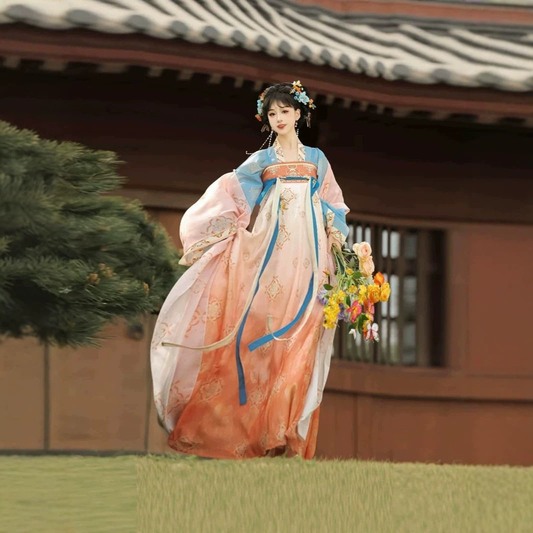 花朝记原创汉服【挽华裳】唐制亮丝绣花襦裙2026春夏新款套装