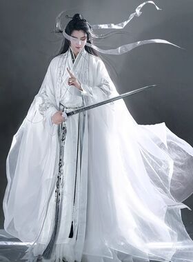 新款魏晋南北朝汉服男款白色国风刺绣改良汉元素飘逸大袖侠客古装