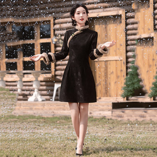黑色加绒加厚冬装国风新中式短款长袖改良旗袍2026新款女复古冬季