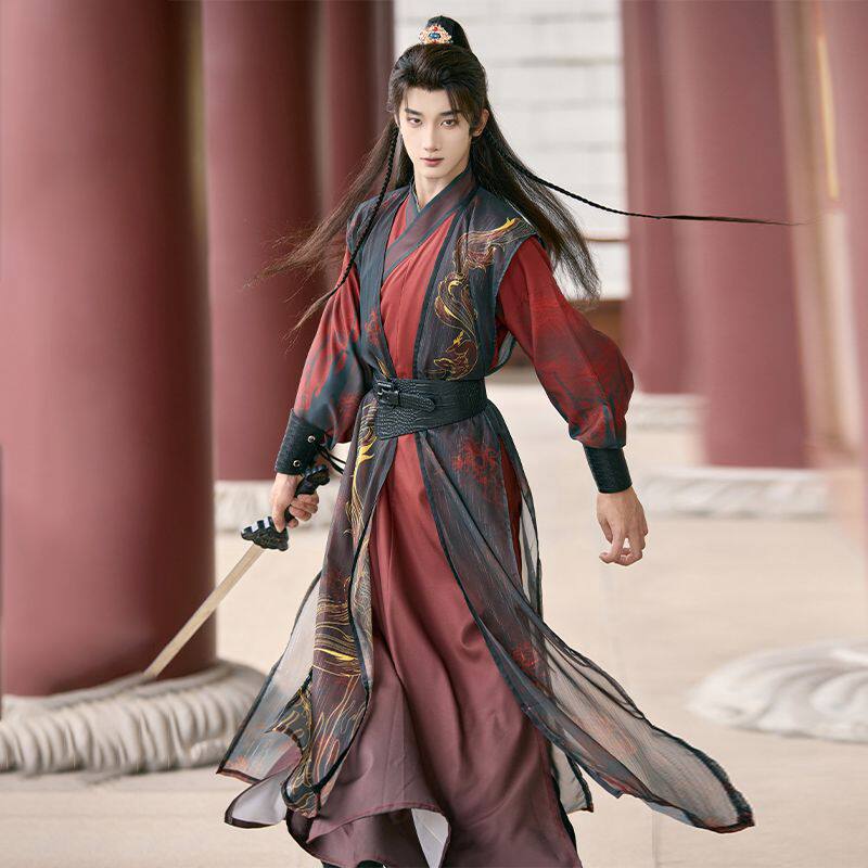原创汉服男女同款汉元素宋制交领长衫褙子比甲彼岸花九尾黑红帅夏